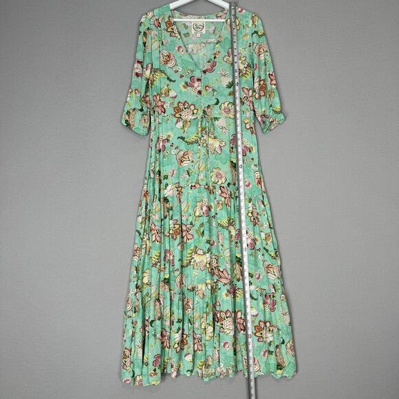 Sunday Mi Amor Anthropologie Dress Womens Small Green Floral Maxi Tiered Cottage - Picture 10 of 16